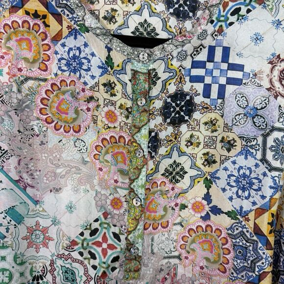 Johnny Was Signature Silk Colorful Abstract Patchwork Jessner Tunic Blouse Top M - Picture 8 of 15